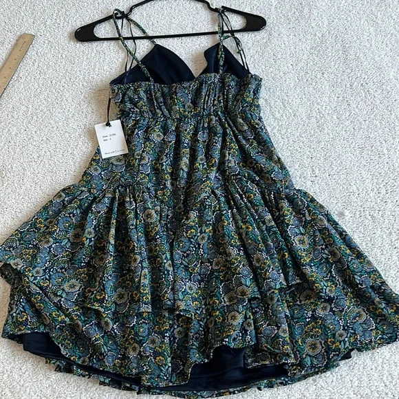 JAPNA Blue Floral Drop Waist Ruffle Hem Mini Sleeveless Boho Dress Sz Small - Picture 7 of 9